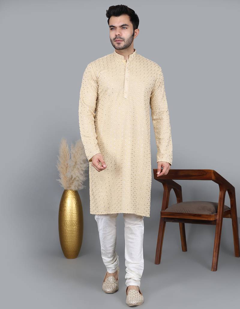 Men's gold cotton chikankari embroidered kurta with cream churidar  (rg-50712-36)