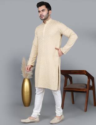 Men's gold cotton chikankari embroidered kurta with cream churidar  (rg-50712-36) 2