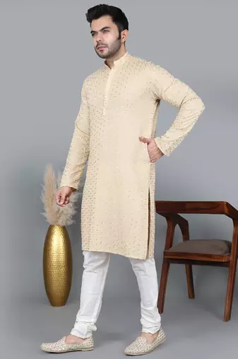 Men's gold cotton chikankari embroidered kurta with cream churidar  (rg-50712-36)