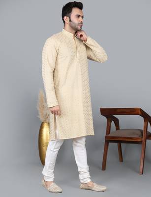 Men's gold cotton chikankari embroidered kurta with cream churidar  (rg-50712-36) 3