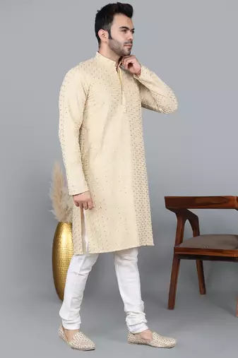 Men's gold cotton chikankari embroidered kurta with cream churidar  (rg-50712-36)