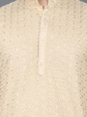 Men's gold cotton chikankari embroidered kurta with cream churidar  (rg-50712-36) 4