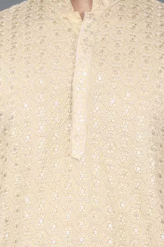 Men's gold cotton chikankari embroidered kurta with cream churidar  (rg-50712-36)