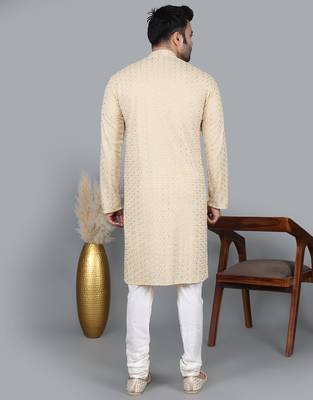 Men's gold cotton chikankari embroidered kurta with cream churidar  (rg-50712-36) 5