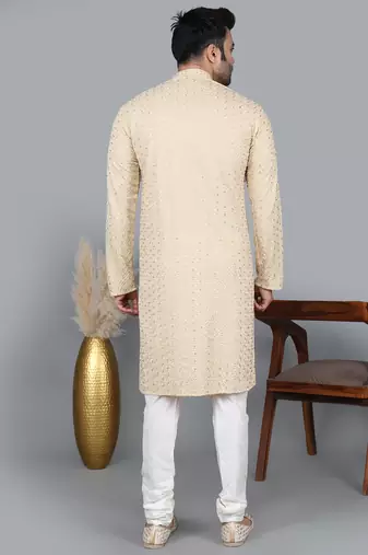 Men's gold cotton chikankari embroidered kurta with cream churidar  (rg-50712-36)