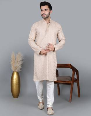Men's beige cotton chikankari embroidered kurta with cream churidar (rg-50714-36) 1