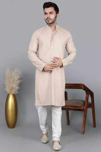 Men's beige cotton chikankari embroidered kurta with cream churidar (rg-50714-36)