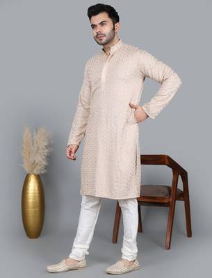 Men's beige cotton chikankari embroidered kurta with cream churidar (rg-50714-36) 2