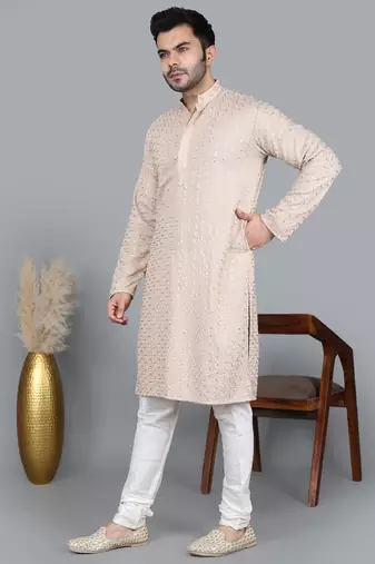 Men's beige cotton chikankari embroidered kurta with cream churidar (rg-50714-36)