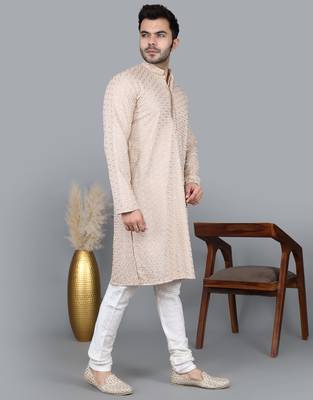 Men's beige cotton chikankari embroidered kurta with cream churidar (rg-50714-36) 3