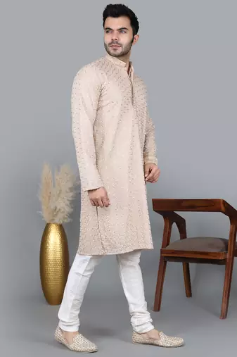 Men's beige cotton chikankari embroidered kurta with cream churidar (rg-50714-36)