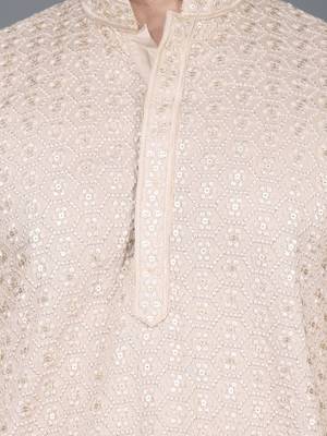 Men's beige cotton chikankari embroidered kurta with cream churidar (rg-50714-36) 4