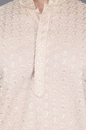 Men's beige cotton chikankari embroidered kurta with cream churidar (rg-50714-36)