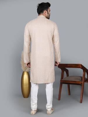 Men's beige cotton chikankari embroidered kurta with cream churidar (rg-50714-36) 5