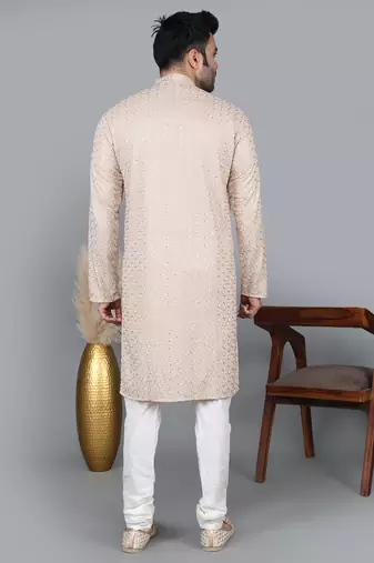 Men's beige cotton chikankari embroidered kurta with cream churidar (rg-50714-36)
