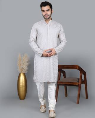Men's gray cotton chikankari embroidered kurta with cream churidar (rg-50715-36) 1