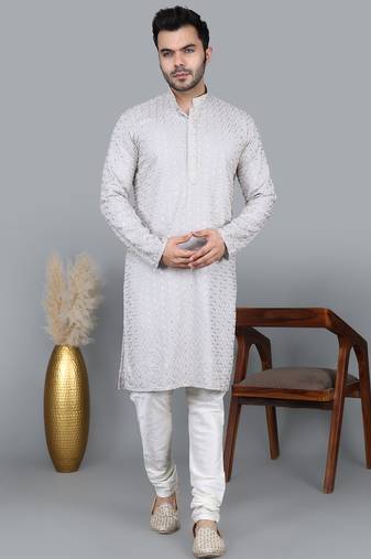 Men's gray cotton chikankari embroidered kurta with cream churidar (rg-50715-36)