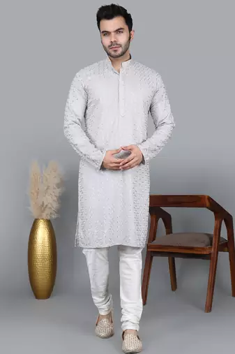 Men's gray cotton chikankari embroidered kurta with cream churidar (rg-50715-36)