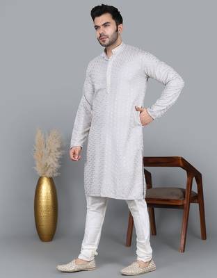 Men's gray cotton chikankari embroidered kurta with cream churidar (rg-50715-36) 2