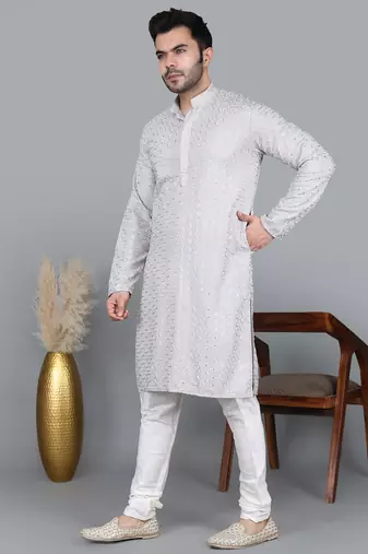Men's gray cotton chikankari embroidered kurta with cream churidar (rg-50715-36)