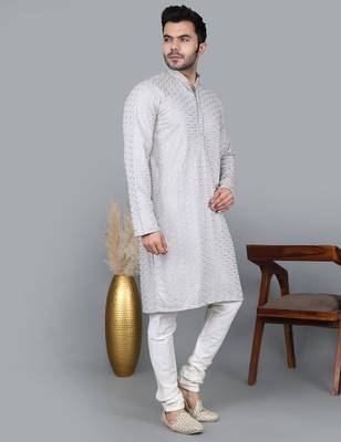 Men's gray cotton chikankari embroidered kurta with cream churidar (rg-50715-36) 3