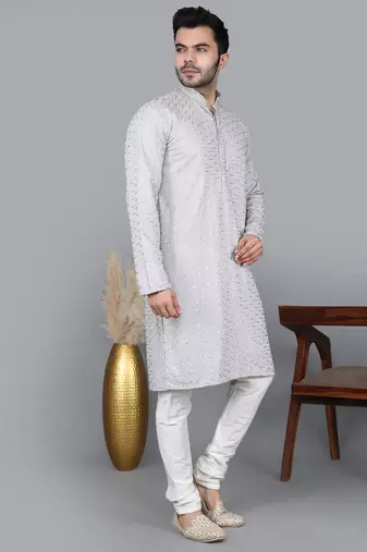 Men's gray cotton chikankari embroidered kurta with cream churidar (rg-50715-36)
