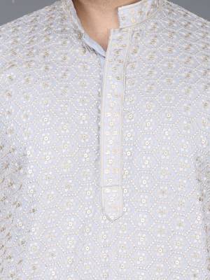Men's gray cotton chikankari embroidered kurta with cream churidar (rg-50715-36) 4