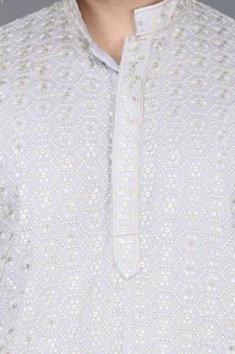 Men's gray cotton chikankari embroidered kurta with cream churidar (rg-50715-36)