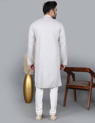 Men's gray cotton chikankari embroidered kurta with cream churidar (rg-50715-36) 5