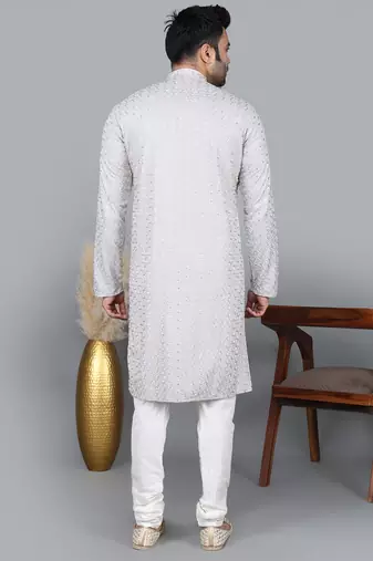 Men's gray cotton chikankari embroidered kurta with cream churidar (rg-50715-36)