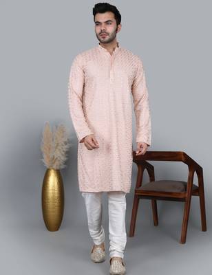Men's light pink cotton chikankari embroidered kurta with cream churidar (rg-50716-36) 1
