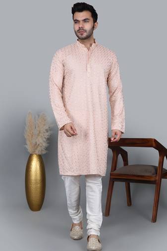 Men's light pink cotton chikankari embroidered kurta with cream churidar (rg-50716-36)