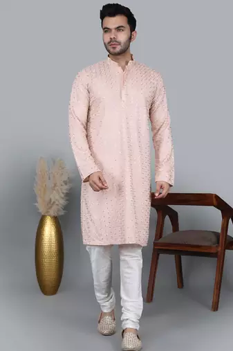 Men's light pink cotton chikankari embroidered kurta with cream churidar (rg-50716-36)
