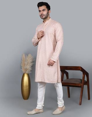 Men's light pink cotton chikankari embroidered kurta with cream churidar (rg-50716-36) 2