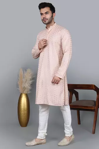 Men's light pink cotton chikankari embroidered kurta with cream churidar (rg-50716-36)