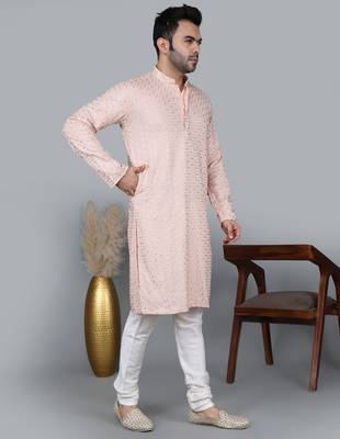 Men's light pink cotton chikankari embroidered kurta with cream churidar (rg-50716-36) 3