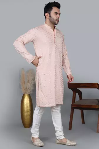 Men's light pink cotton chikankari embroidered kurta with cream churidar (rg-50716-36)