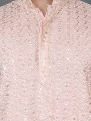 Men's light pink cotton chikankari embroidered kurta with cream churidar (rg-50716-36) 4