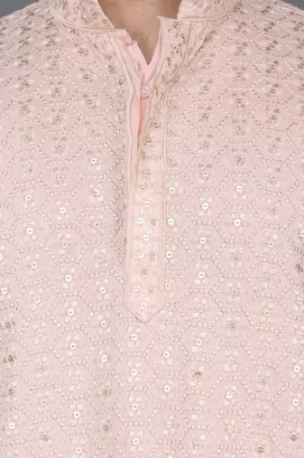 Men's light pink cotton chikankari embroidered kurta with cream churidar (rg-50716-36)