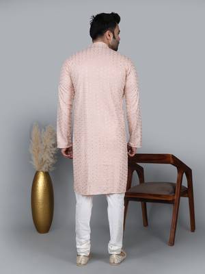 Men's light pink cotton chikankari embroidered kurta with cream churidar (rg-50716-36) 5