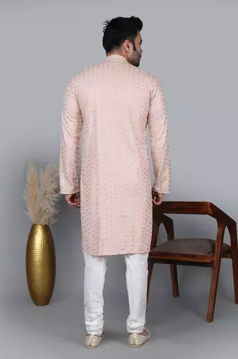 Men's light pink cotton chikankari embroidered kurta with cream churidar (rg-50716-36)