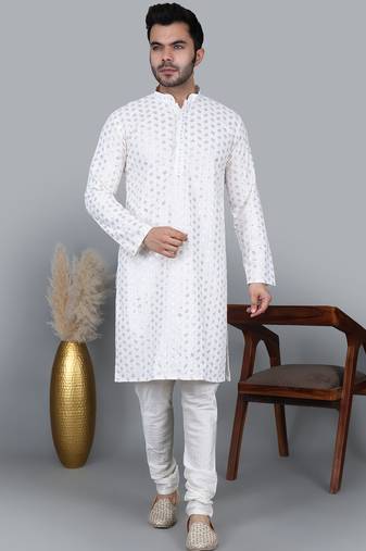 Men's white sequence tread work kurta with white churidar (rg-50717-36)