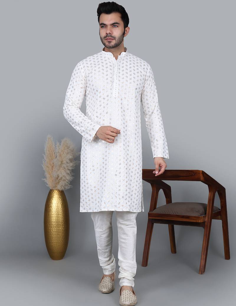 Men's white sequence tread work kurta with white churidar (rg-50717-36)