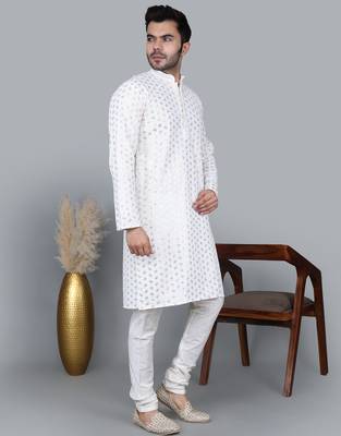 Men's white sequence tread work kurta with white churidar (rg-50717-36) 2