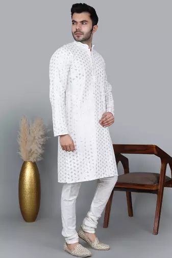 Men's white sequence tread work kurta with white churidar (rg-50717-36)
