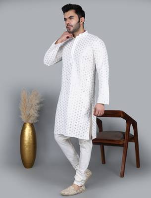 Men's white sequence tread work kurta with white churidar (rg-50717-36) 3