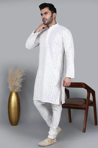 Men's white sequence tread work kurta with white churidar (rg-50717-36)