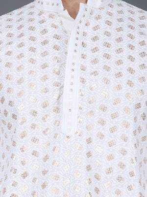 Men's white sequence tread work kurta with white churidar (rg-50717-36) 4