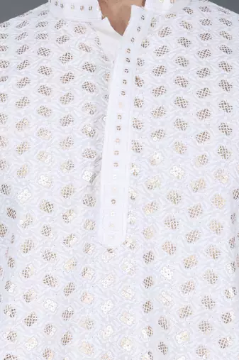 Men's white sequence tread work kurta with white churidar (rg-50717-36)