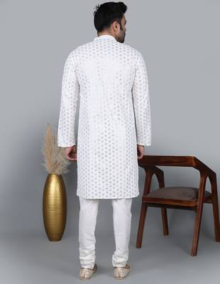 Men's white sequence tread work kurta with white churidar (rg-50717-36) 5